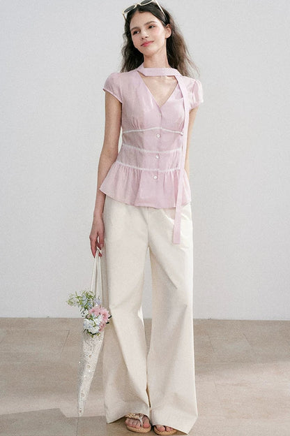 Tencel V-Neck Ribbon Blouse