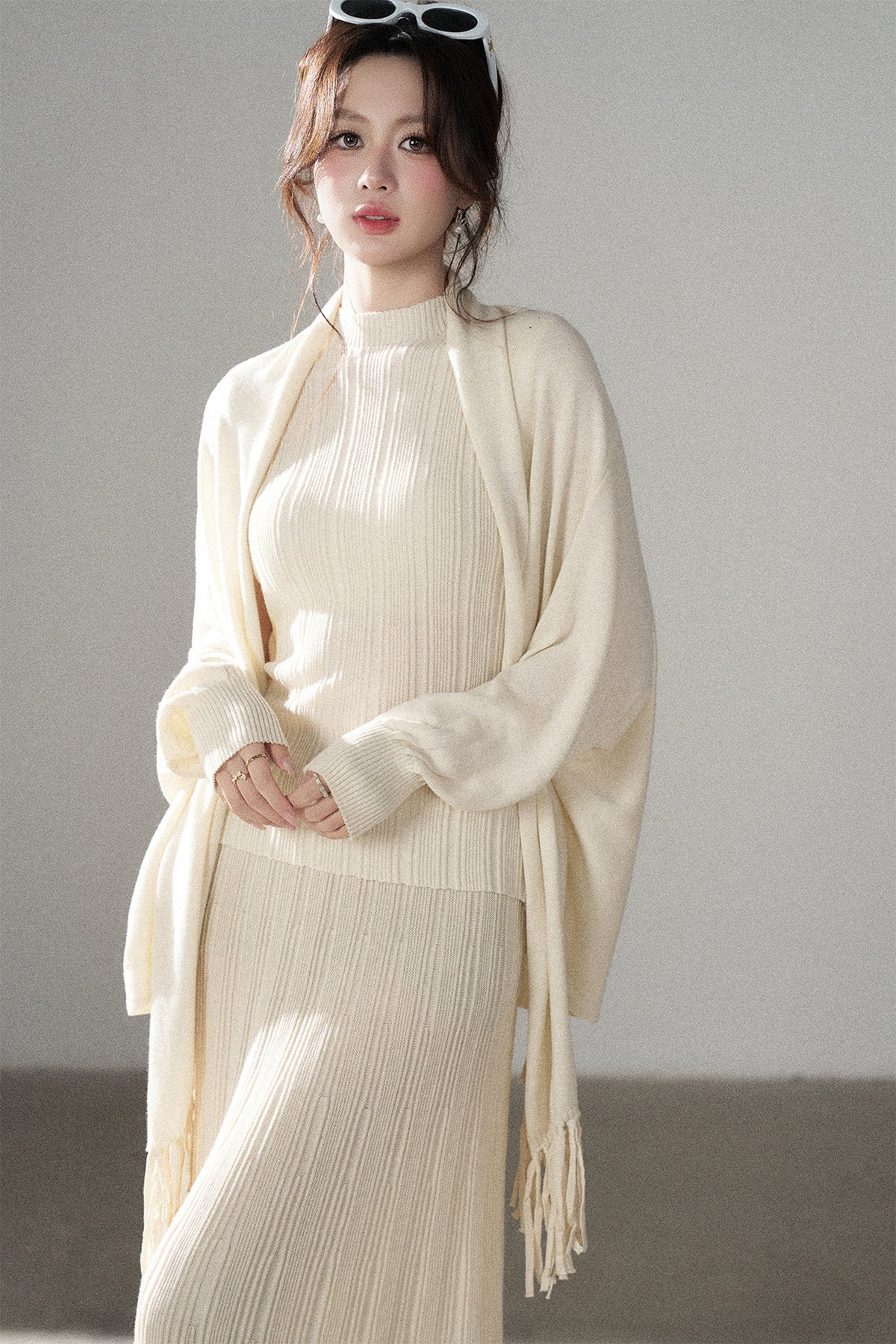 Turtleneck Sweater Long Skirt Shawl Cardigan Set