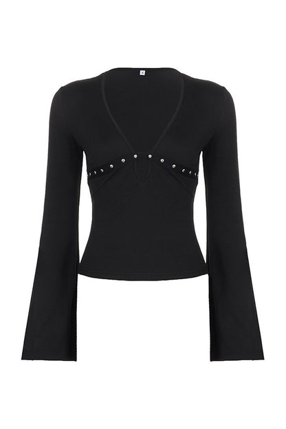 V-Neck Hollow-Out Long-Sleeve Top