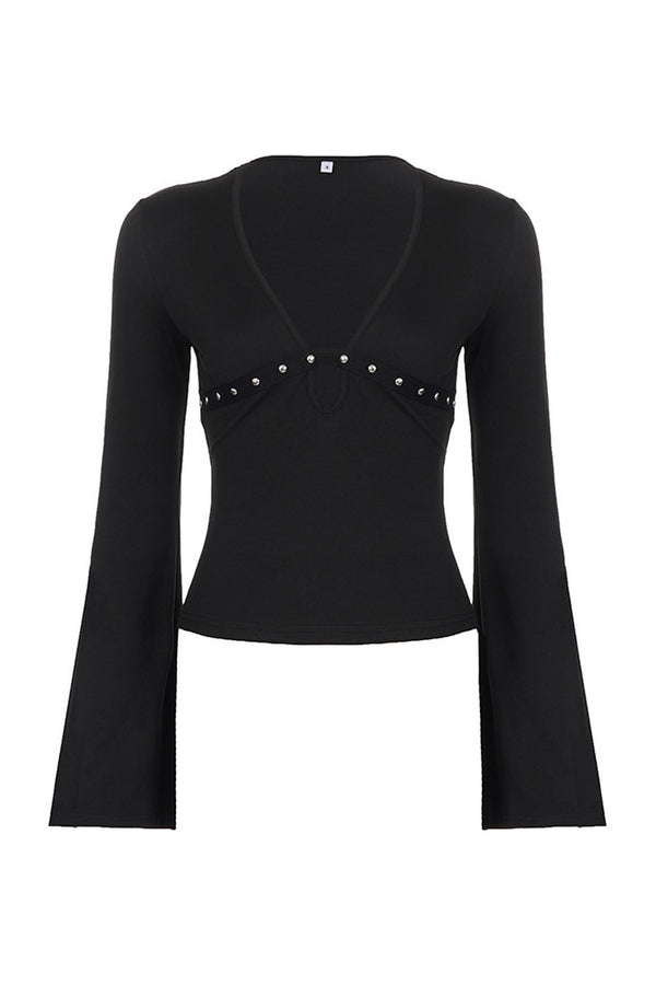 V-Neck Hollow-Out Long-Sleeve Top