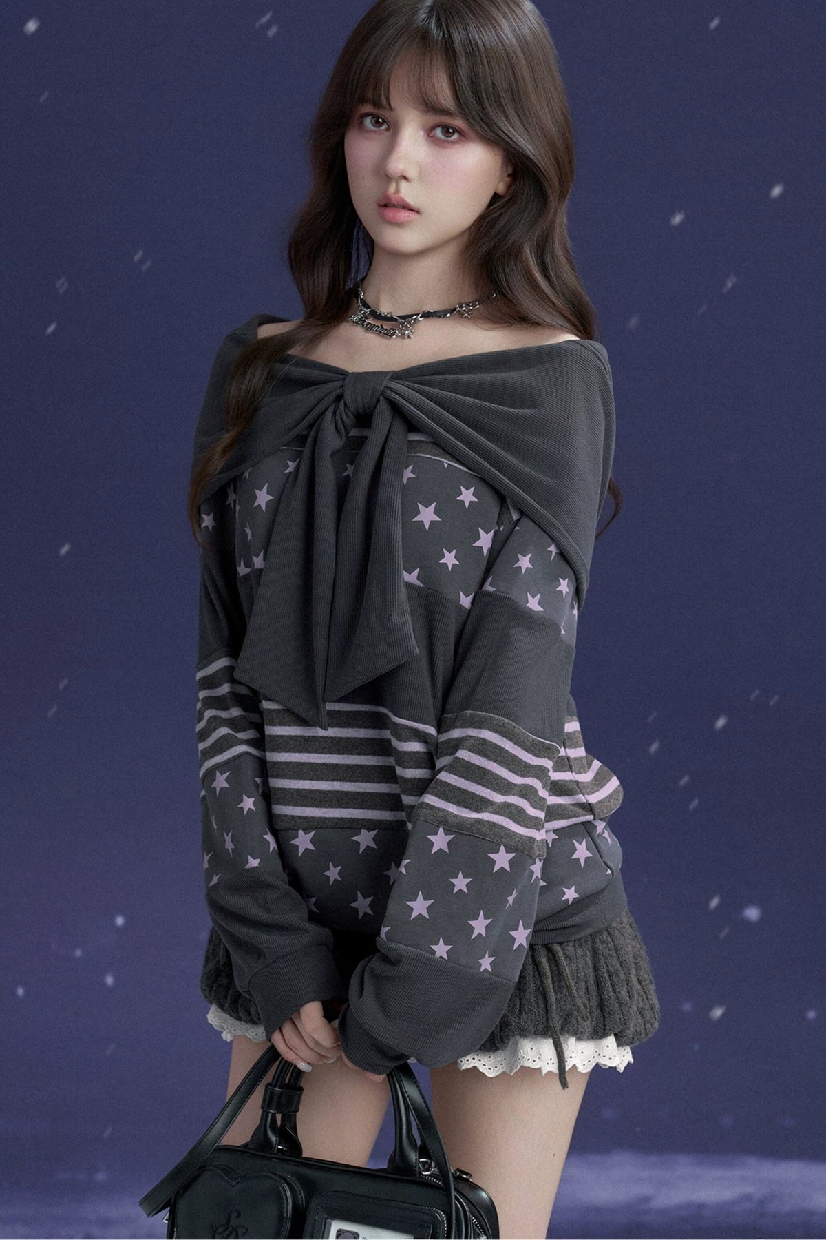 Star Patchwork Bowknot One-Shoulder Hooded Sweatshirt
