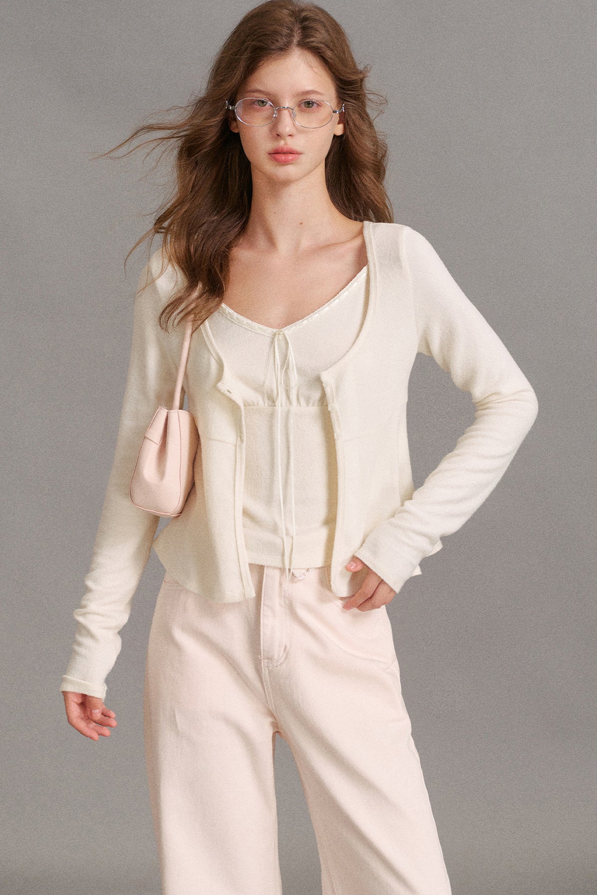 Lace-Up V-Neck Cardigan and Ruffle Hem Vest Set