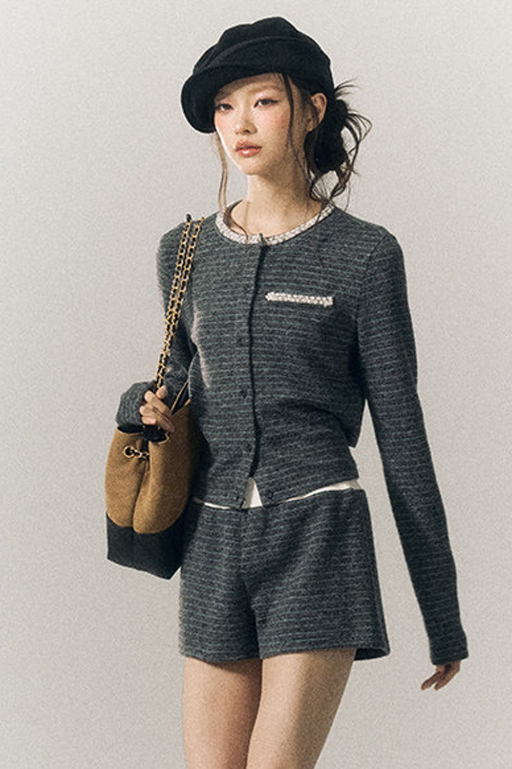 Beaded Lace-Up Wool Knit Top and Shorts and Cardigan Set-Up