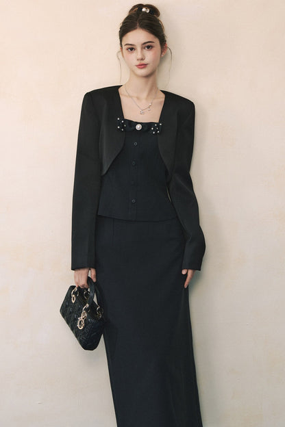 Elegant Black Suit with Waistcoat Blazer Set-Up