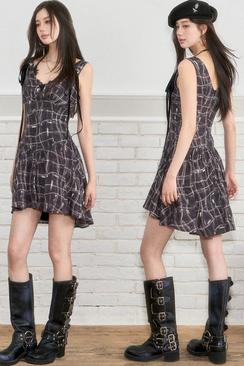 Velvet Plaid Tie-Up Dress