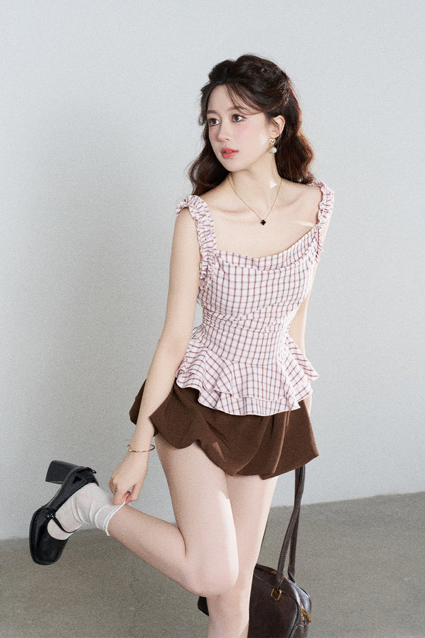 Pink Plaid Suspender Shirt and Brown Skirt Set