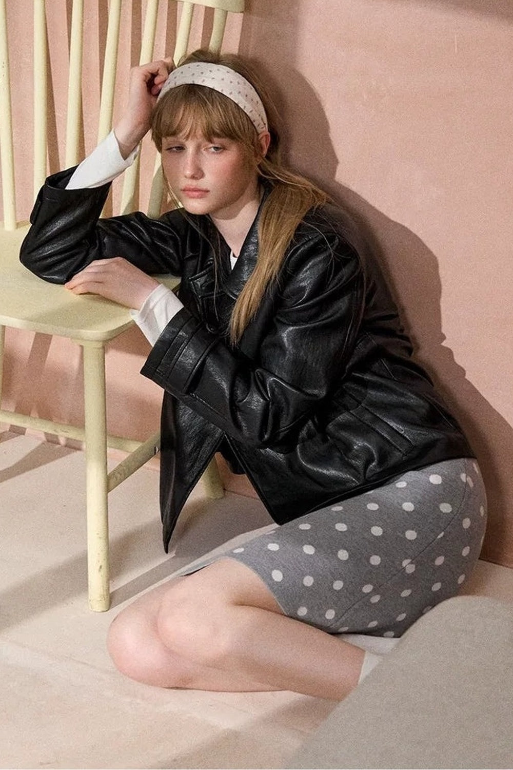 Collar Pleated Leather Jacket