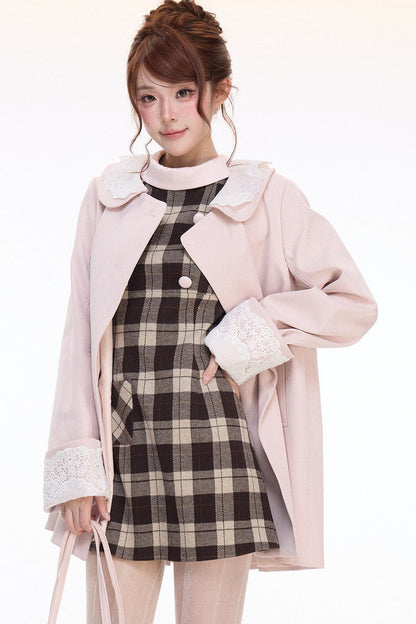 Double-Breasted Trench Coat and Plaid Dress Set-Up
