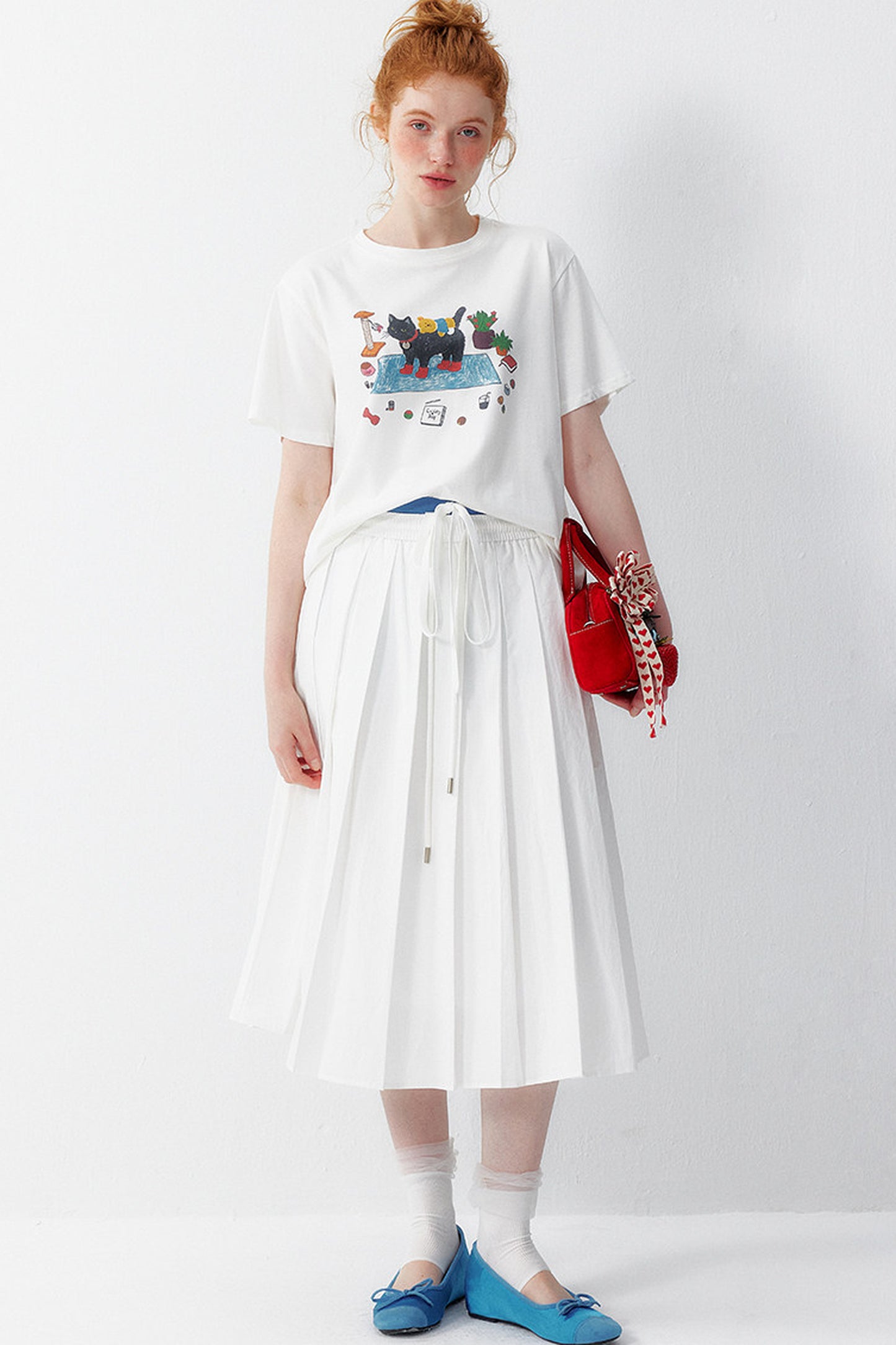 Cotton Elastic Waist Pleated Midi Skirt