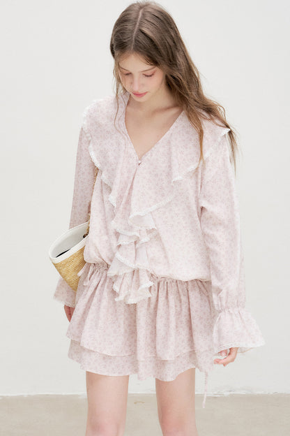Floral Ruffle V-Neck Long-Sleeve Dress