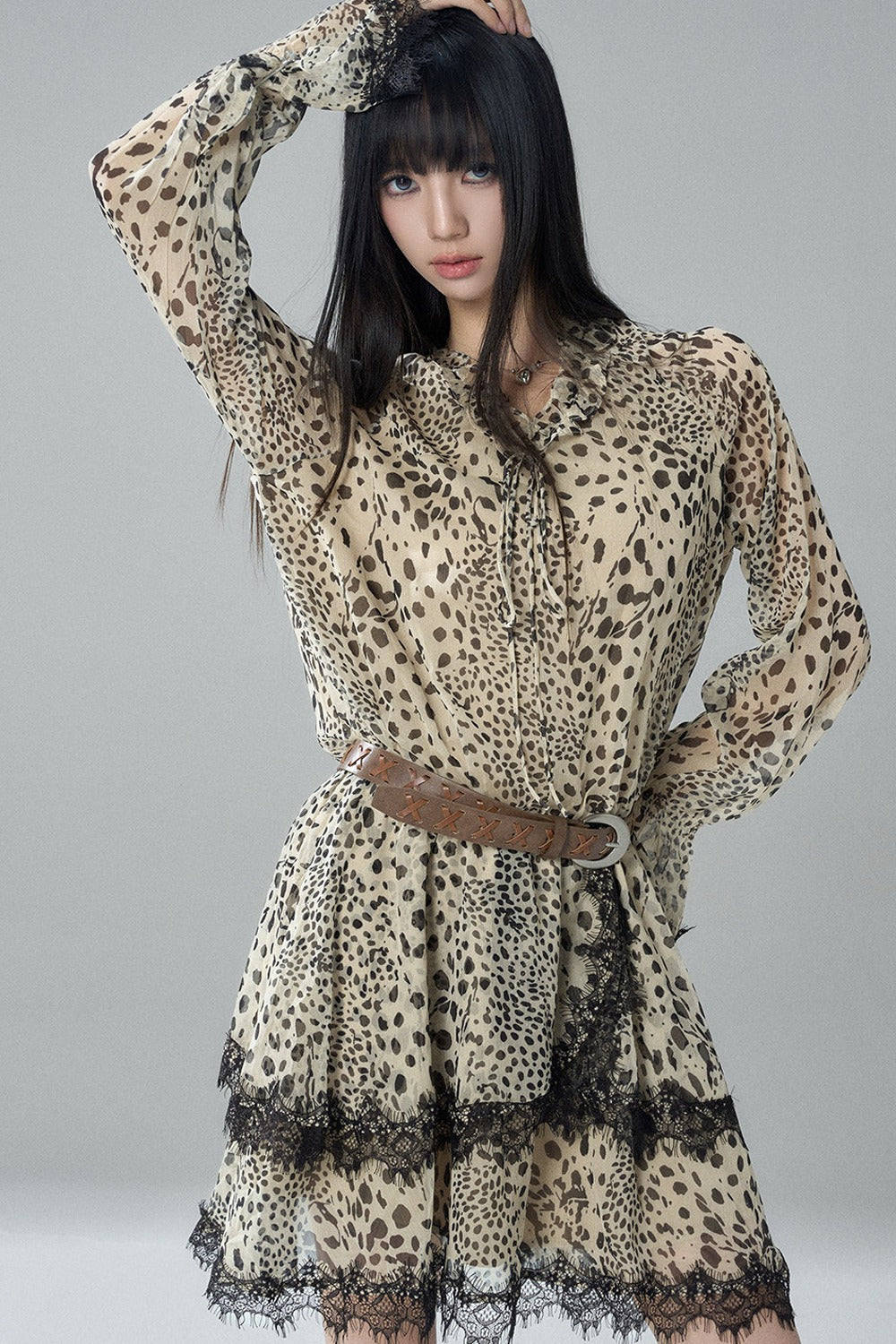 Long-Sleeve Chiffon Leopard Print Dress