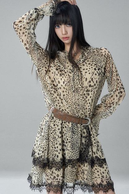 Long-Sleeve Chiffon Leopard Print Dress