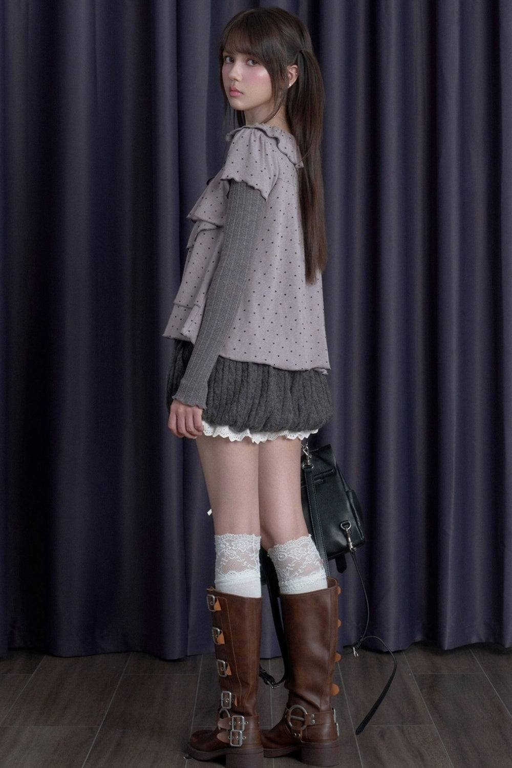 Long-Sleeved Gray-Purple Cake-Style Knit Top