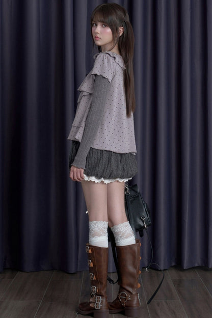 Long-Sleeved Gray-Purple Cake-Style Knit Top