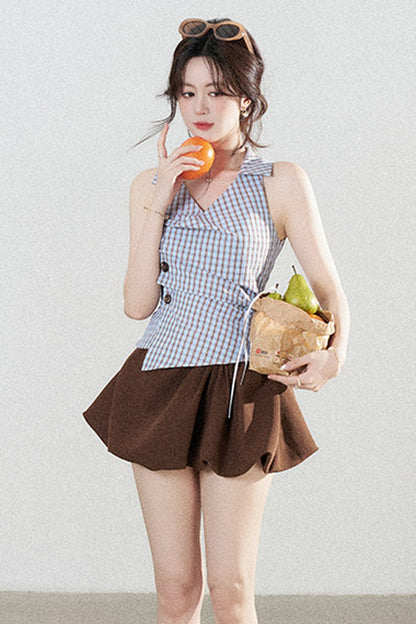 Blue Plaid Sleeveless Halter Shirt and Irregular Hem Skirt Set-Up