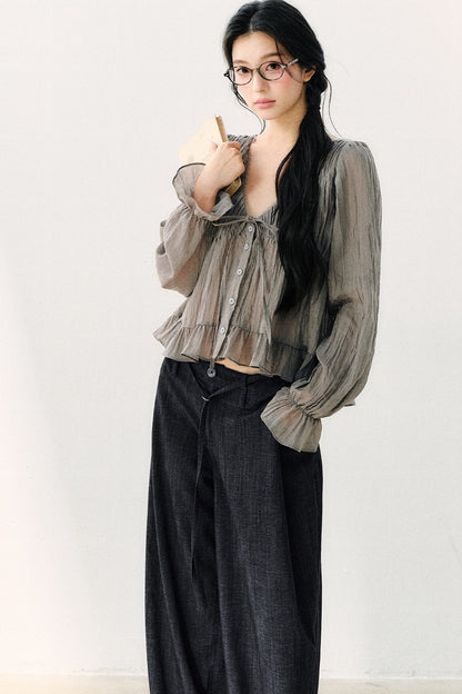 Ruffled V-Neck Long-Sleeved Chiffon Top