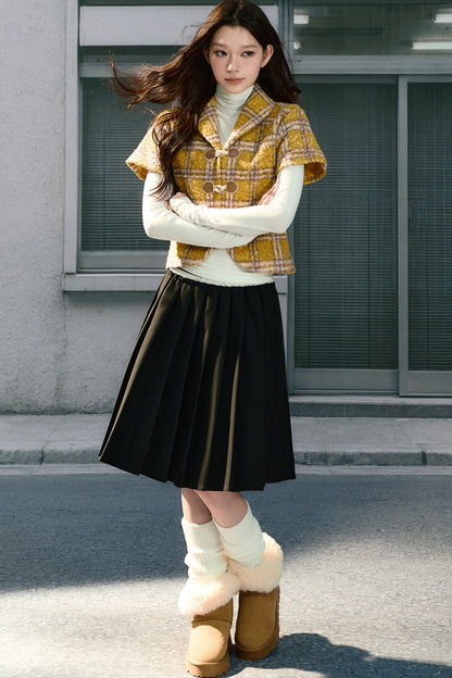 Retro Lapel Plaid Short-Sleeved Jacket