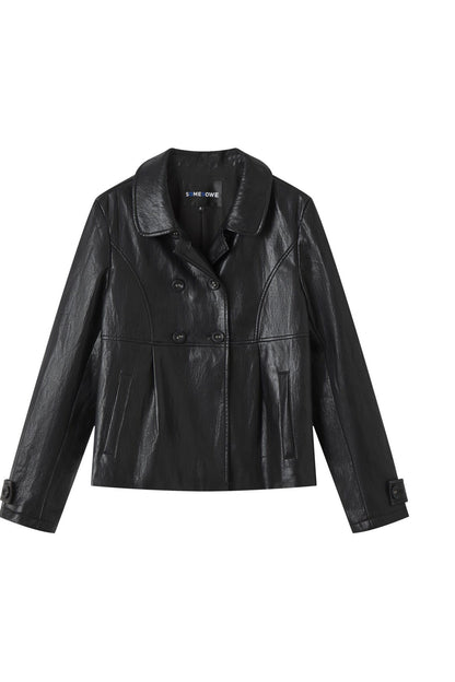 Collar Pleated Leather Jacket