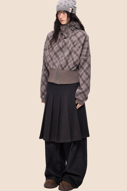 Plaid Patchwork Hem Hooded Jacket