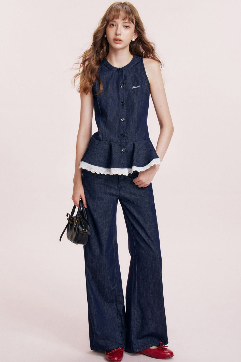 French Ruffle Denim Vest and Wide-Leg Pants Set-Up