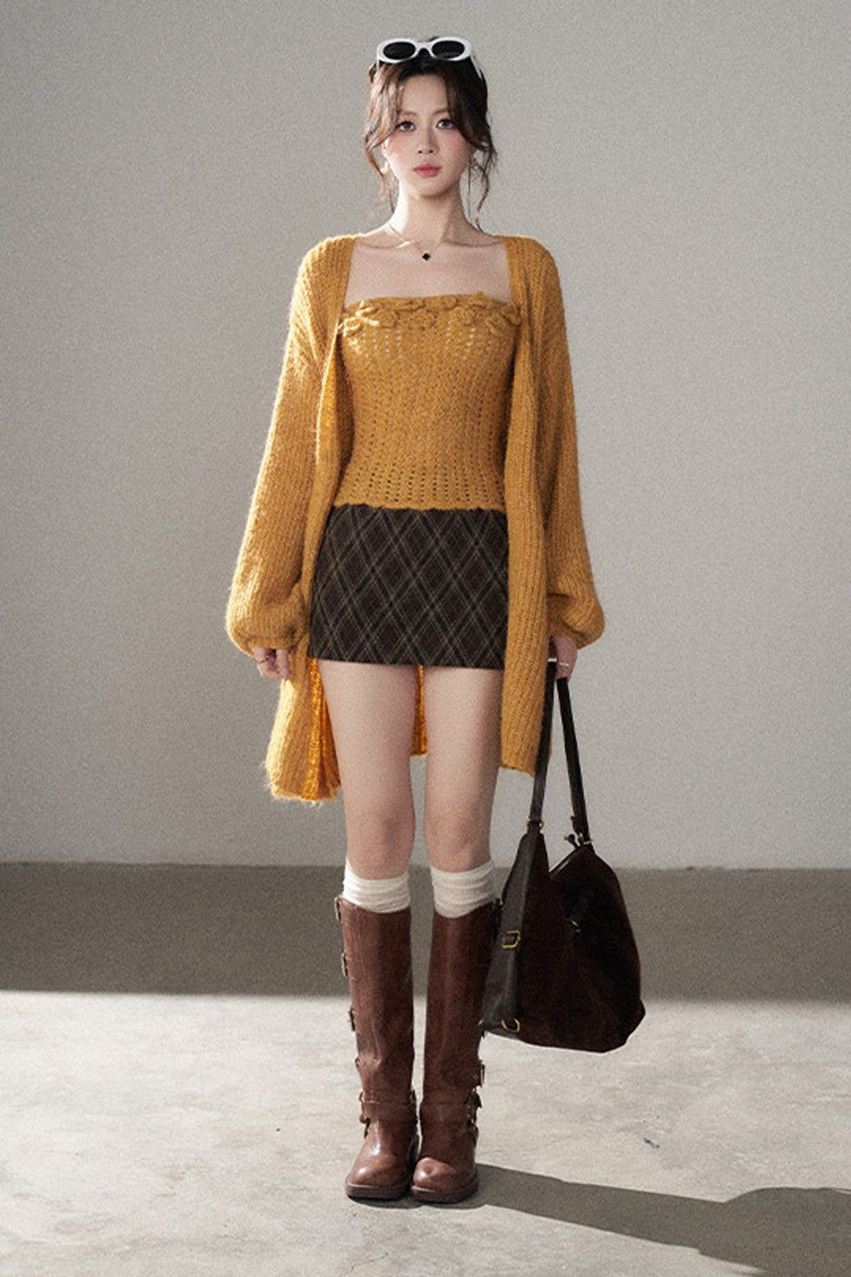 High-Waisted Woolen Plaid Skirt