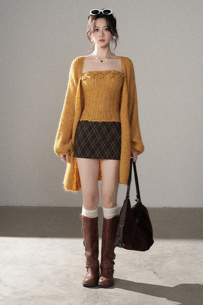 High-Waisted Woolen Plaid Skirt