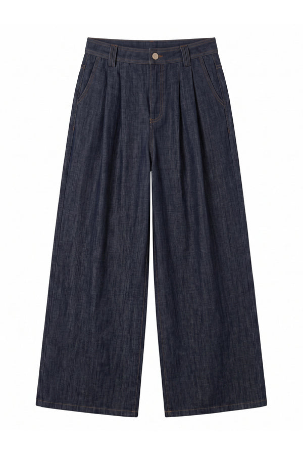 Faux Denim Shirt, Wide Pants and Jacket Set