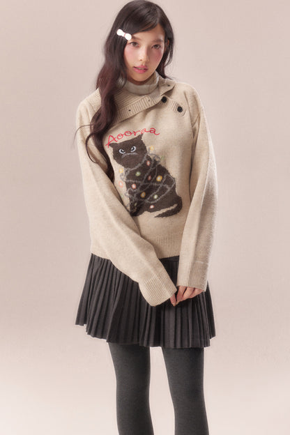 Diagonal Placket Cat Knit Pullover