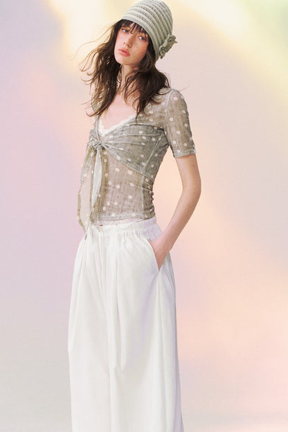 Lace Trim Tie-Front Knit Cardigan Set-Up