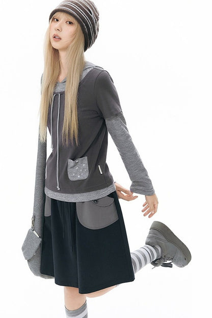 Layered-Look Hooded Long-Sleeve Top