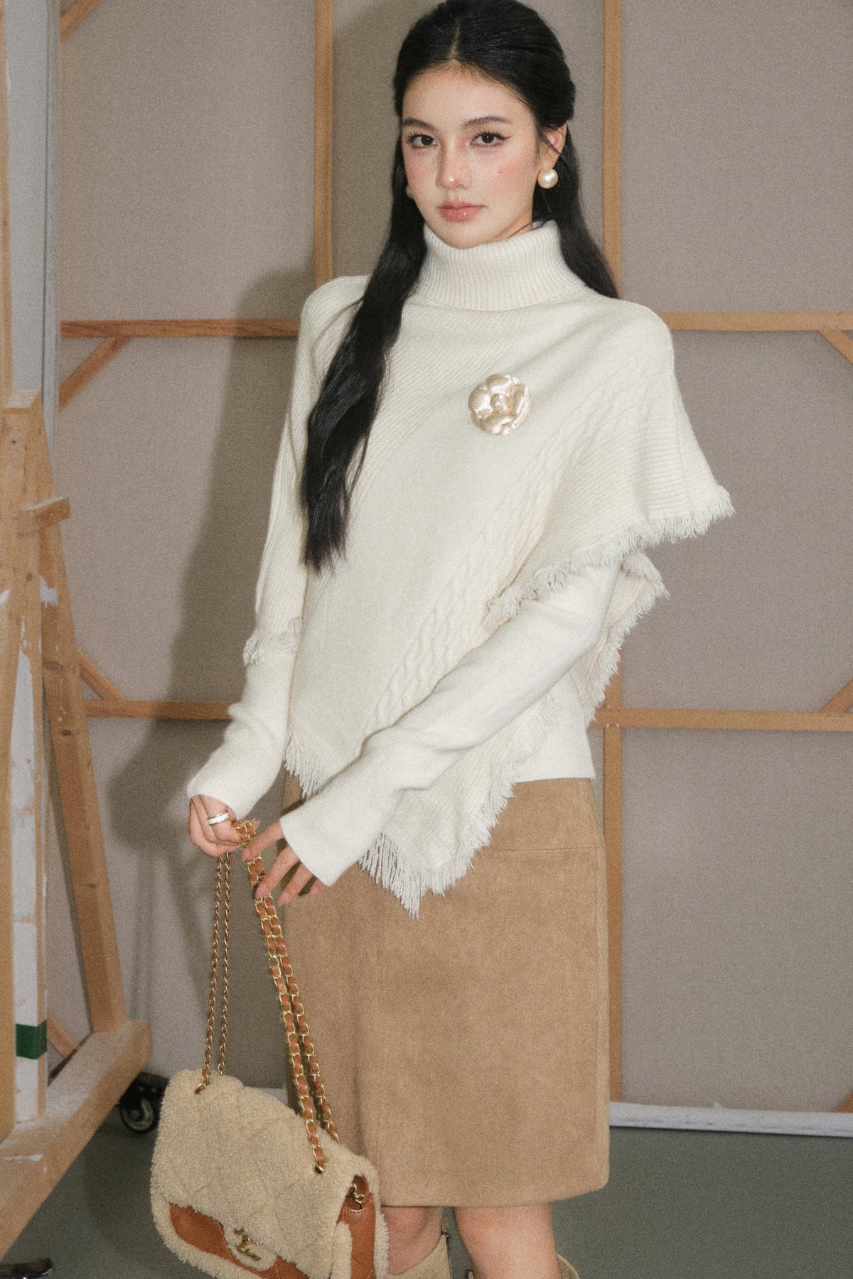 Cream White Tassel Cape Shawl Sweater and Skirt Set-Up