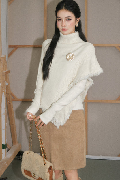 Cream White Tassel Cape Shawl Sweater and Skirt Set-Up