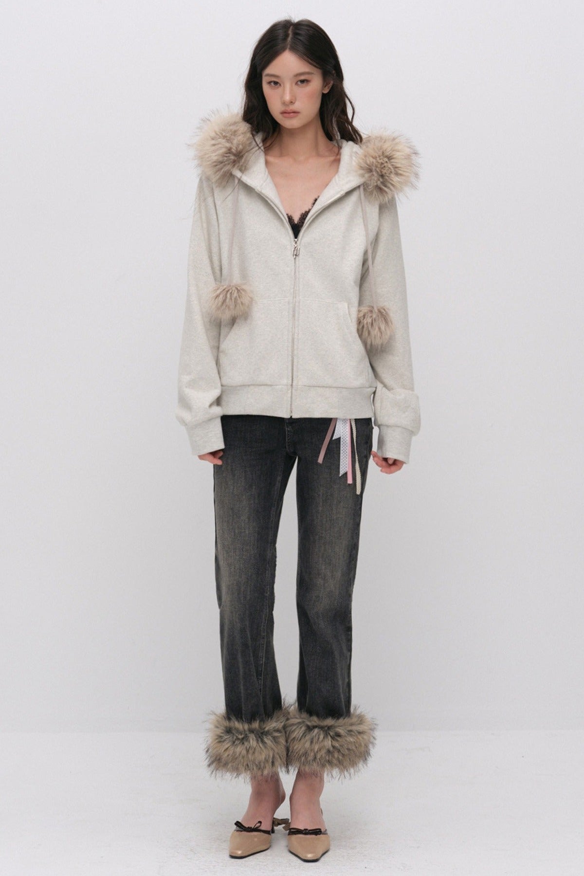 Fur Trim Hooded Sweatshirt and Sweatpants Set-Up