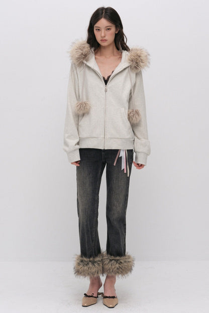 Fur Trim Hooded Sweatshirt and Sweatpants Set-Up