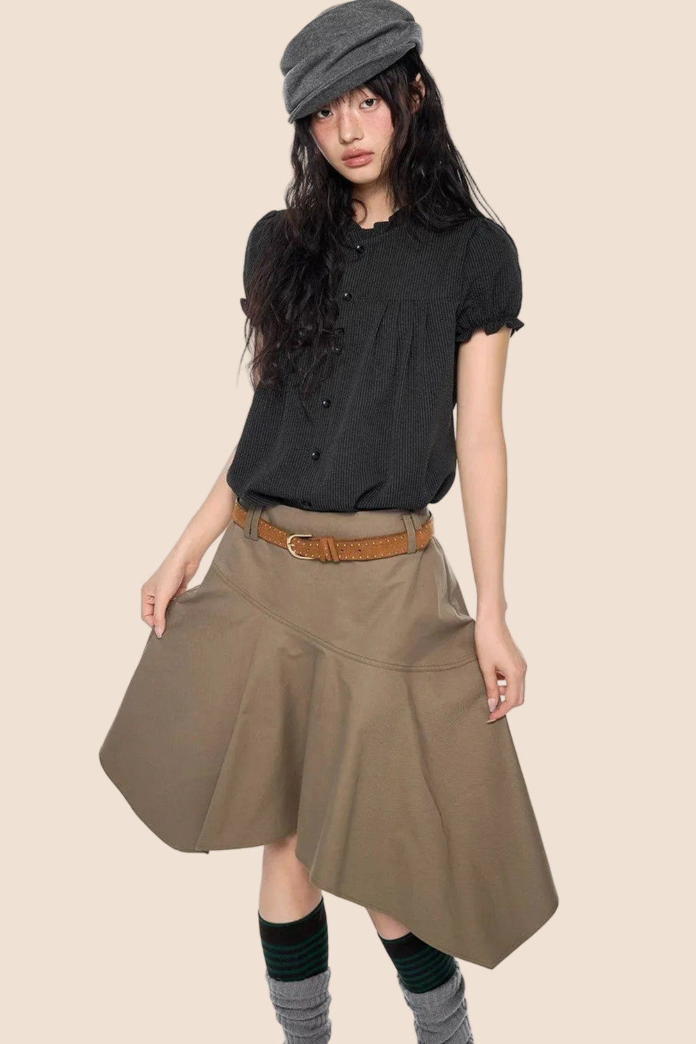 Pleated Lace Collar Short Sleeve Shirt