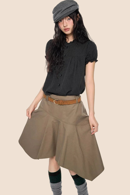Pleated Lace Collar Short Sleeve Shirt
