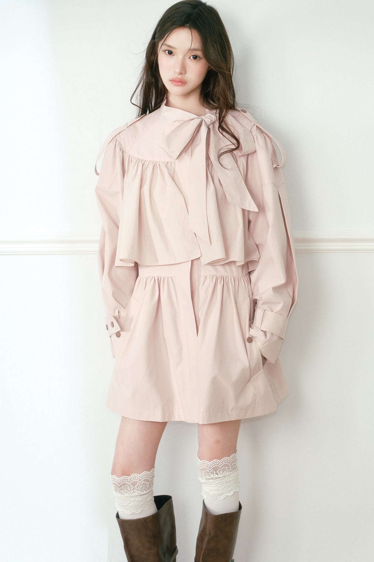 Ruched Bow Tie Cape Trench Coat