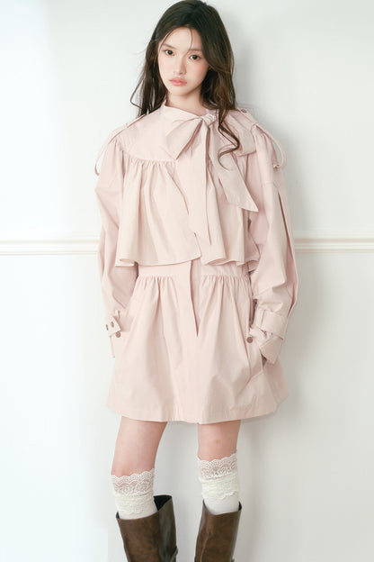 Ruched Bow Tie Cape Trench Coat