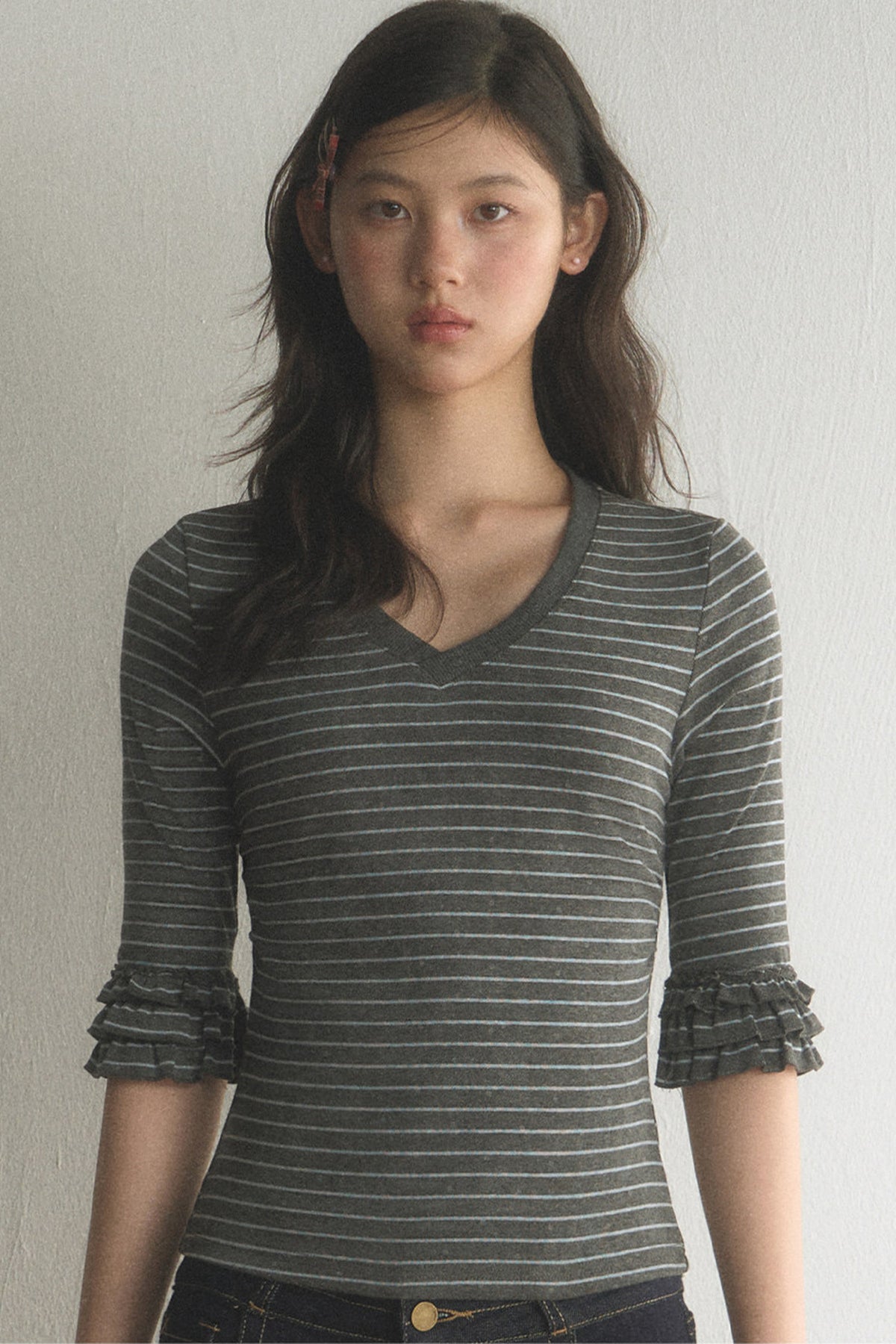 Striped Ruffled Patchwork Mid-Sleeve Top and Pants Set-Up