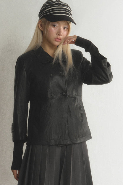 Black Double-Breasted PU Leather Top and Skirt Set-Up