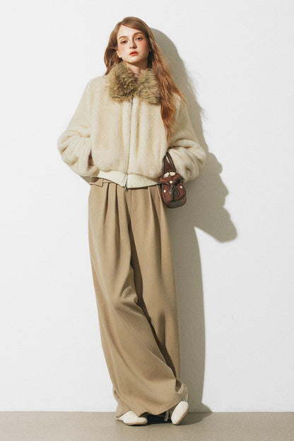 Dünne Wollhose mit asymmetrischem Bund und weitem Bein
