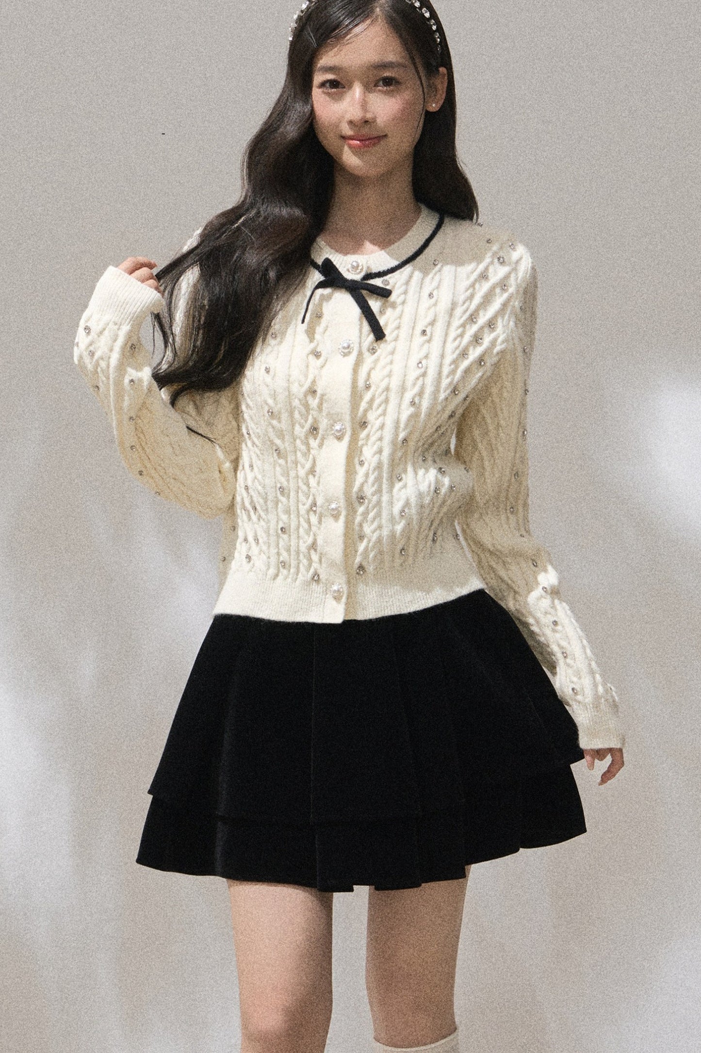 Rhinestone Bow Knit Cardigan Top and Velvet Skirt Set-Up