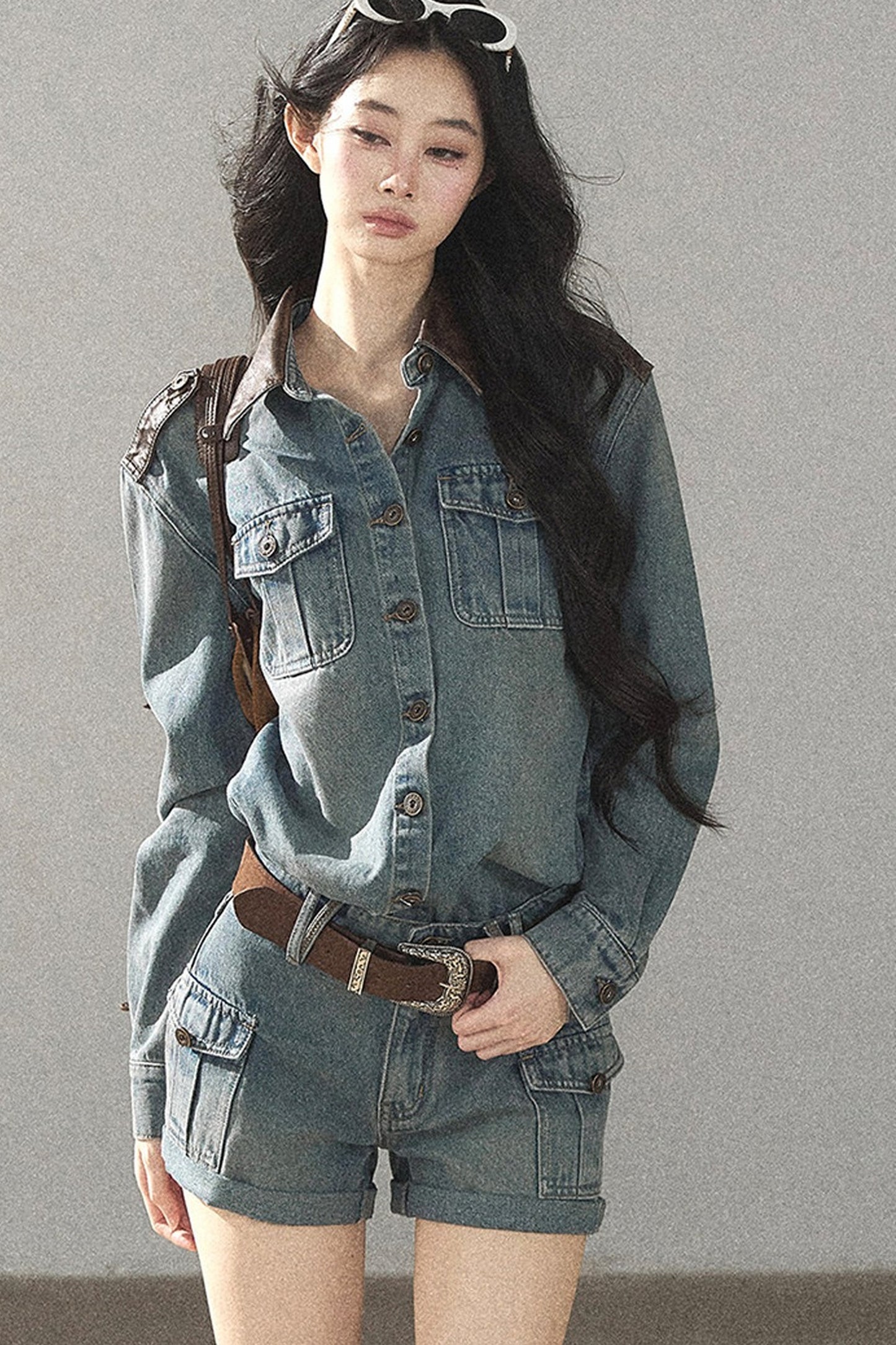 Denim Jacket Shirt And Cargo Shorts Set-Up
