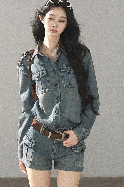 Denim Jacket Shirt And Cargo Shorts Set-Up