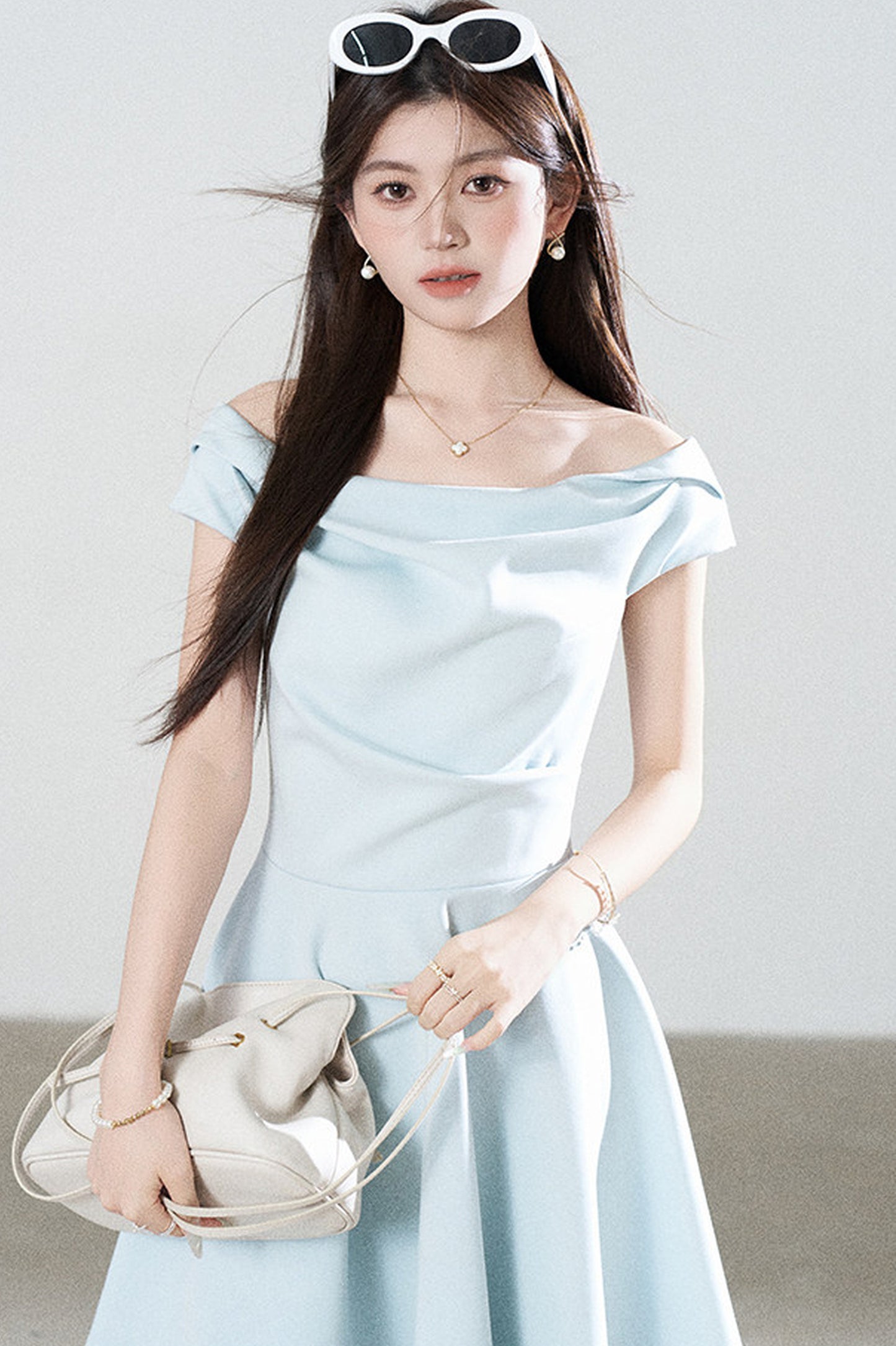 Lake Green Tencel Off-Shoulder A-Line Dress