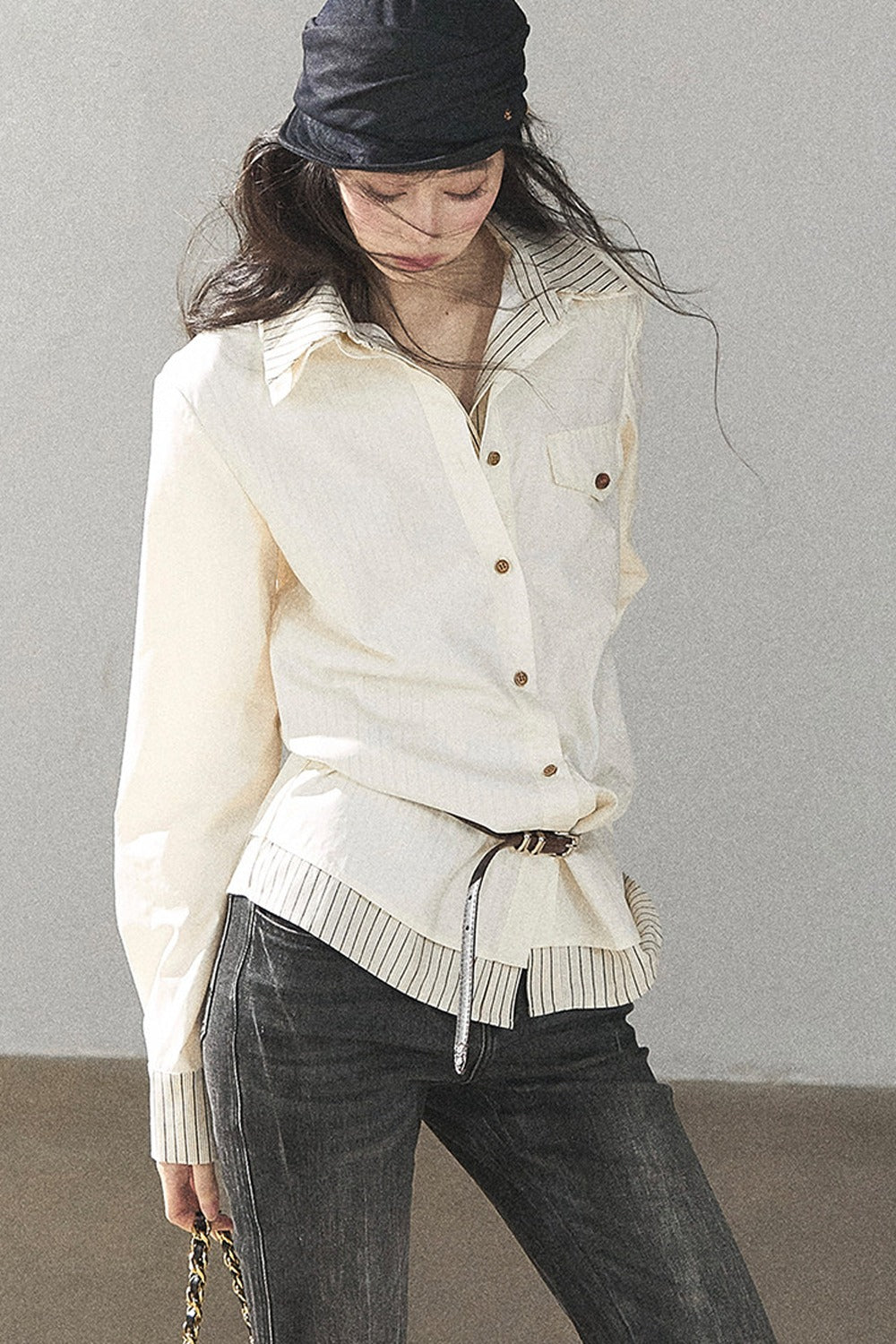 Creamy White Striped Layered-Look Shirt