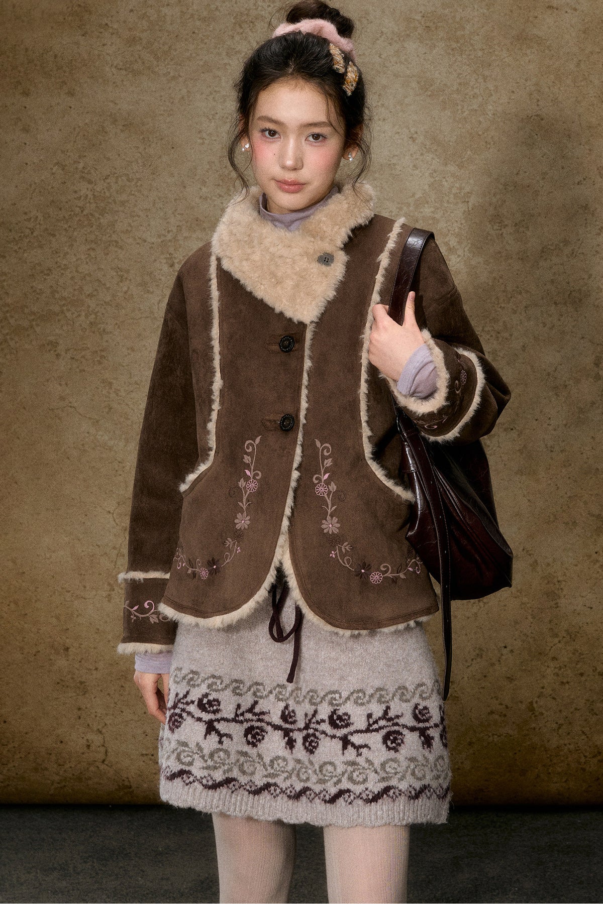 Embroidered Branch Snow Faux Suede Jacket