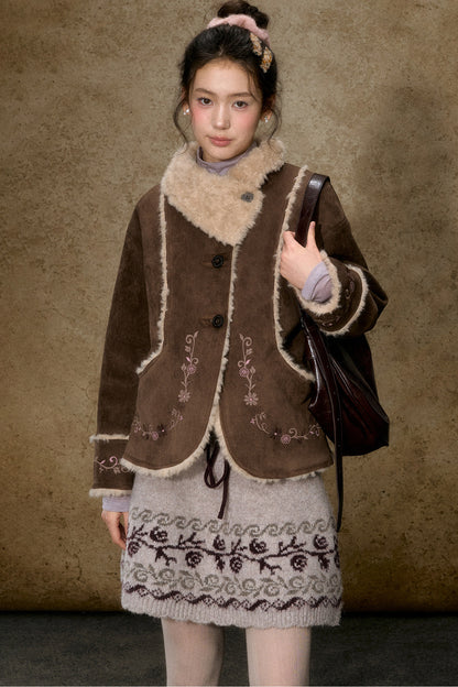 Embroidered Branch Snow Faux Suede Jacket