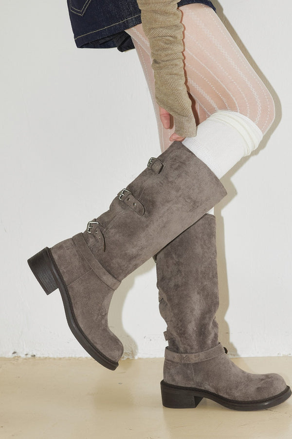 Belt Buckle Chunky Heel Long Boots