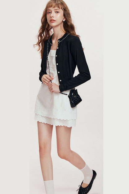 French Double-Layer Lace Spaghetti Strap Dress and Cardigan Set-Up